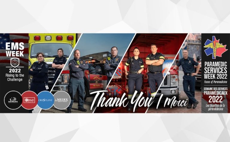 Graphic celebrating Paramedic Services Week 2022 featuring EMS professionals standing proudly beside their ambulances and fire trucks. The design includes the message 'Thank You / Merci' and logos for Demers, Crestline, Braun, and Medix, with the theme 'Rising to the Challenge'