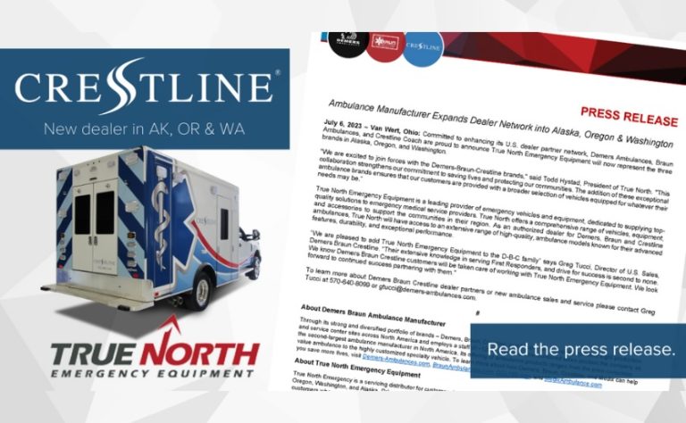 Graphic announcing Crestline’s partnership with True North Emergency Equipment as the new dealer for Alaska, Oregon, and Washington. The image features a Crestline ambulance on the left and a press release on the right with a blue button reading 'Read the press release.'