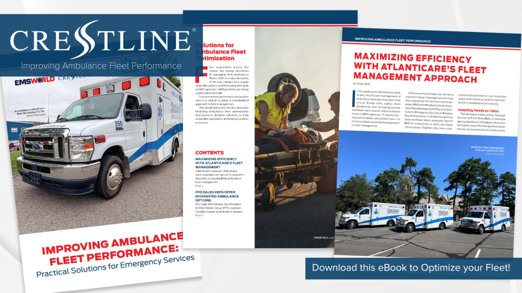 Graphic promoting Crestline’s eBook titled Improving Ambulance Fleet Performance: Practical Solutions for Emergency Services, featuring pages from the publication with photos of ambulances and EMS professionals