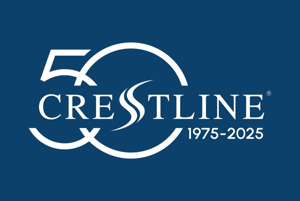 Crestline 50th anniversary logo featuring the number 50 integrated with the Crestline wordmark and the years 1975–2025 on a blue background
