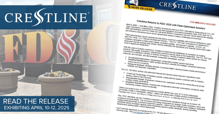 Promotional graphic announcing Crestline’s return to FDIC 2025, featuring the Crestline logo, the FDIC event display in the background, and a news release