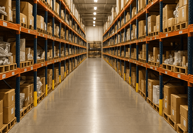 Wide view of an organized warehouse aisle lined with tall shelving units filled with neatly stacked boxes and parts, representing an ambulance manufacturing parts inventory.