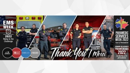 Graphic celebrating Paramedic Services Week 2022 featuring EMS professionals standing proudly beside their ambulances and fire trucks. The design includes the message 'Thank You / Merci' and logos for Demers, Crestline, Braun, and Medix, with the theme 'Rising to the Challenge'