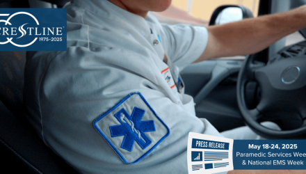 Close-up of a paramedic driving an ambulance, featuring the Star of Life patch on their sleeve and Crestline’s 50th anniversary logo promoting Paramedic Services Week and National EMS Week, May 18–24, 2025