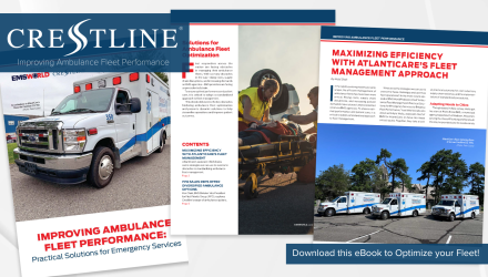 Graphic promoting Crestline’s eBook titled Improving Ambulance Fleet Performance: Practical Solutions for Emergency Services, featuring pages from the publication with photos of ambulances and EMS professionals