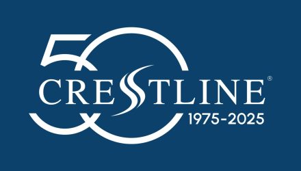 Crestline 50th anniversary logo featuring the number 50 integrated with the Crestline wordmark and the years 1975–2025 on a blue background