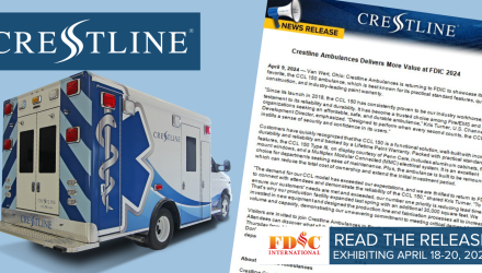 Promotional graphic announcing Crestline Ambulances’ participation at FDIC 2024. The image features a Crestline CCL 150 ambulance with bold blue graphics on the left, alongside a press release headline about the company delivering more value at the event. Text highlights exhibition dates of April 18–20, 2024