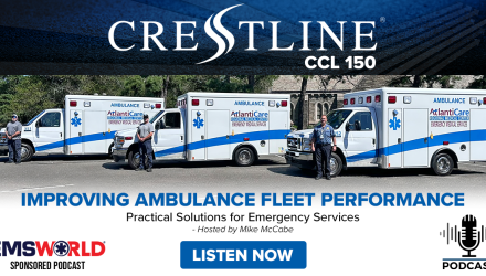 Promotional graphic for the Crestline CCL 150 featuring three AtlantiCare ambulances lined up outdoors with EMS professionals standing beside them. The banner promotes the EMS World sponsored podcast Improving Ambulance Fleet Performance: Practical Solutions for Emergency Services, hosted by Mike McCabe, with a 'Listen Now' button and podcast icon