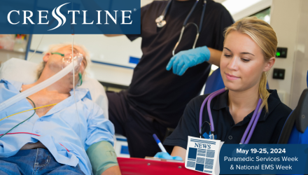 Two paramedics provide care to a patient inside an ambulance, with one taking notes and the other monitoring the patient’s condition. The Crestline logo appears in the upper left, and a banner in the lower right highlights Paramedic Services Week and National EMS Week, May 19–25, 2024
