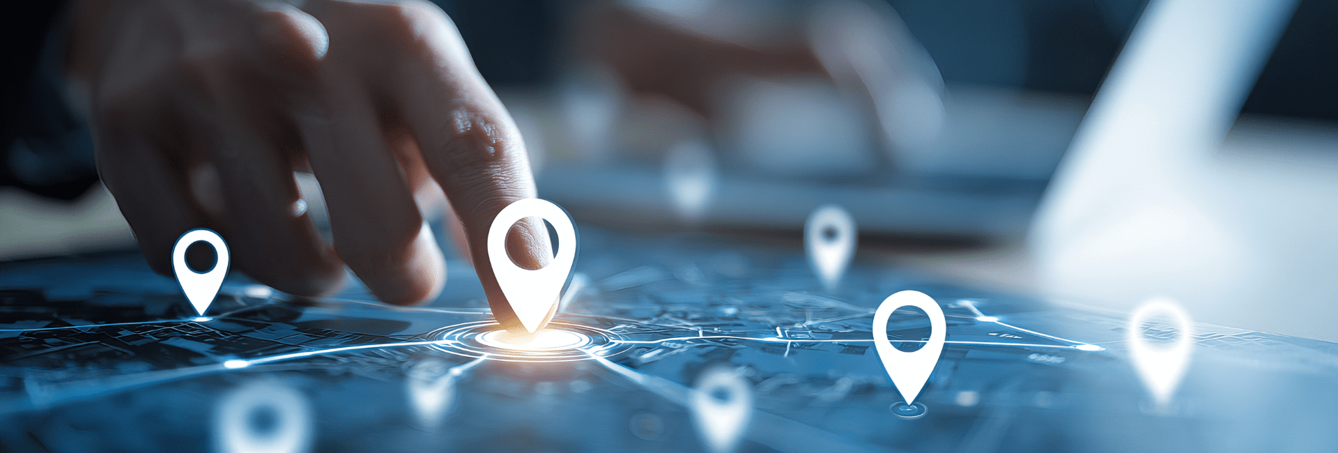 Person pointing to a glowing location pin on a digital map, representing multiple connected locations or dealer network coverage.