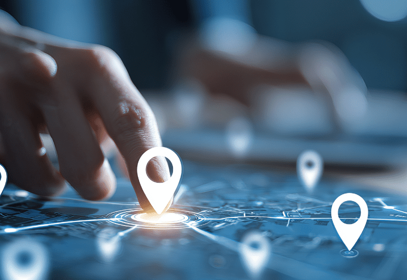 Hand touching a digital map interface with glowing location pins, symbolizing navigation, tracking, or geographic network connections