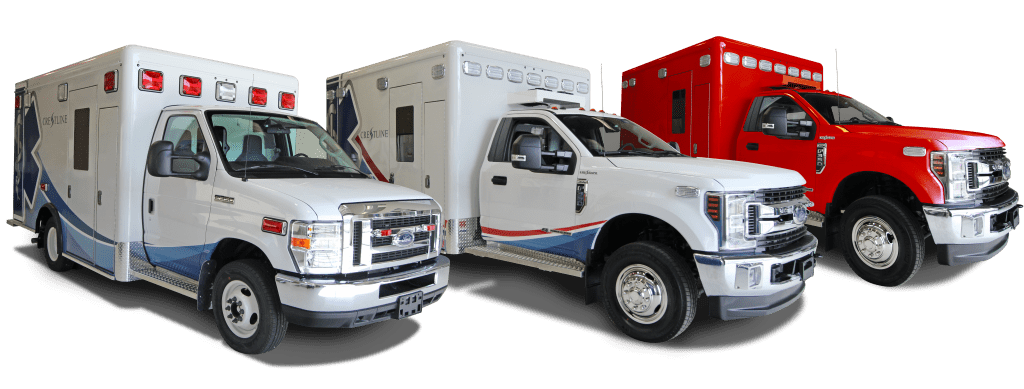 Three Crestline ambulances, two white with blue graphics and one solid red, lined up side by side