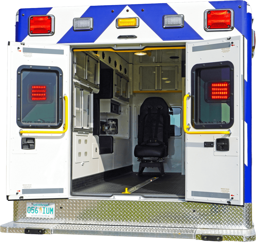 Rear view cutout of a Crestline CCL 166 ambulance with both rear doors open, showing the clean and organized patient care area with seating, storage cabinets, and medical equipment inside